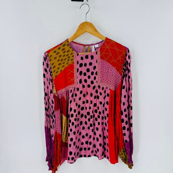 Anthropologie Blank London Boho Patchwork Polka Dot Long Sleeve Top L - Picture 1 of 9